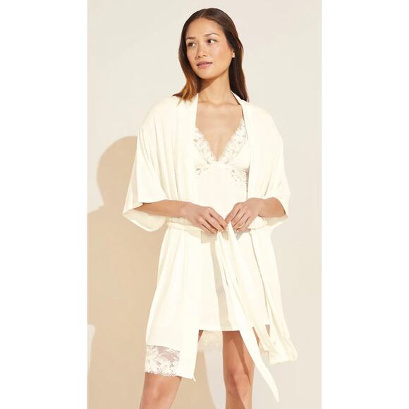 Eberjey Rosalia Tencel Modal Ivory Robe Lace Tie Womens Small - Picture 1 of 16